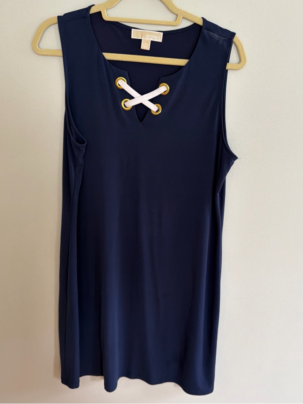 MICHAEL Michael Kors Navy Sleeveless Dress with Gold Grommets and White Lace